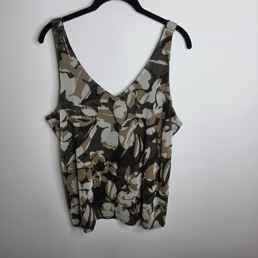 Chico's NWT Tank Top Womens 2 (12) Large Floral Camo Green Mesh Layered